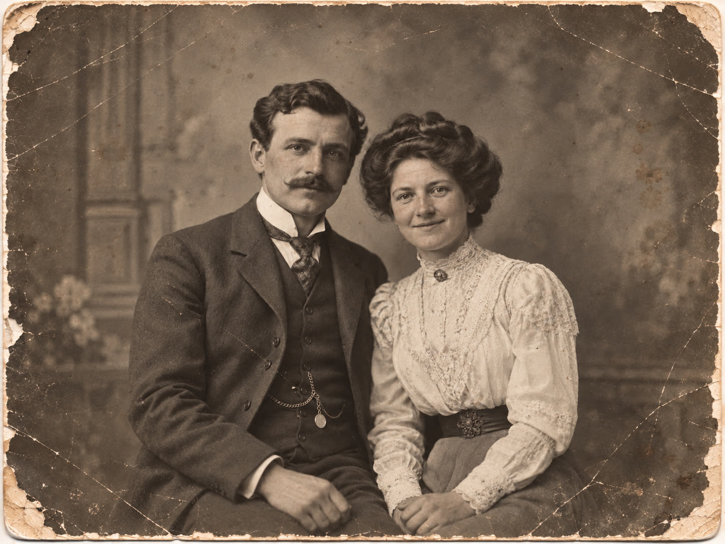 Early 1900s sepia portrait of a seated couple, with cracked and torn edges